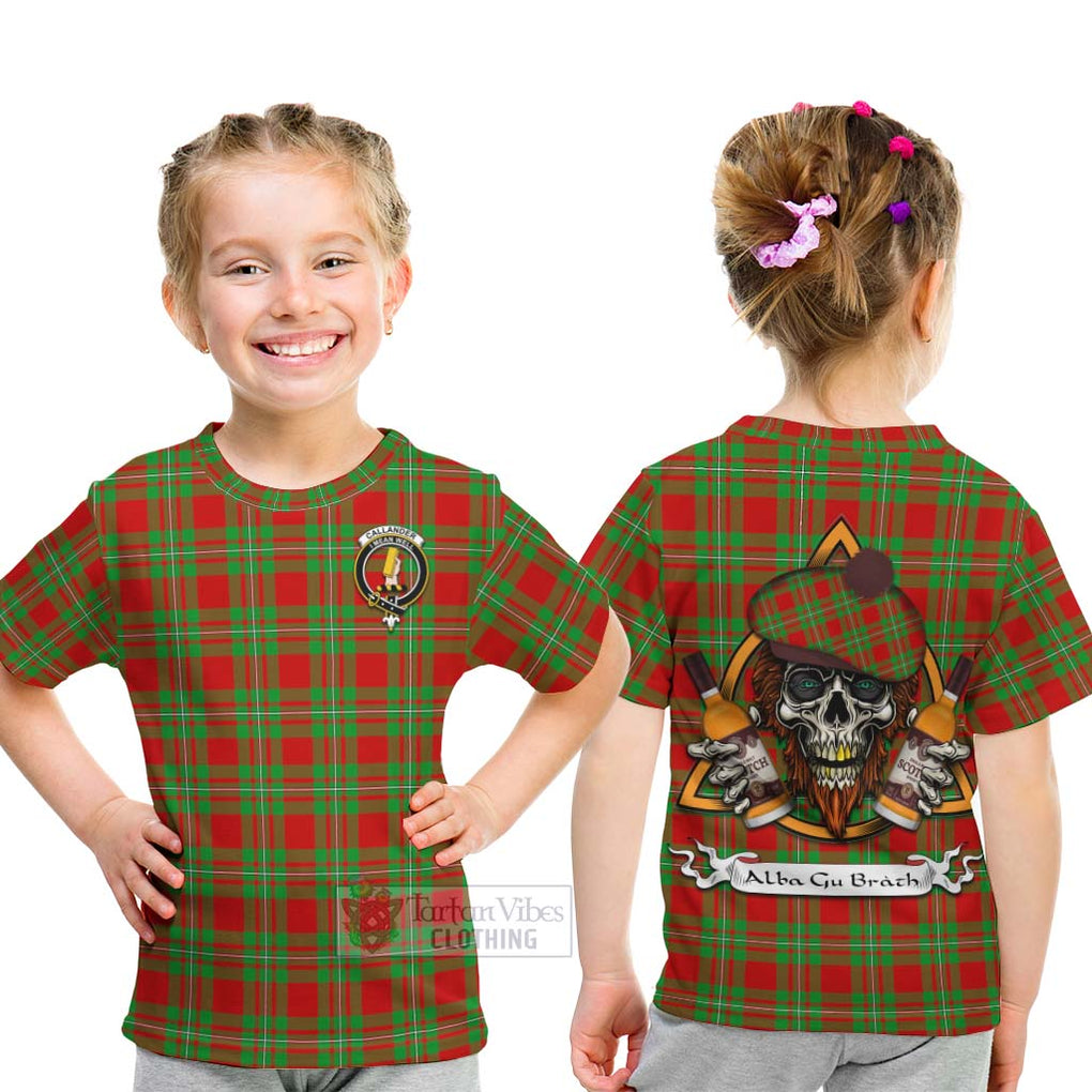 Tartan Vibes Clothing Callander Tartan Kid T-Shirt with Family Crest and Bearded Skull Holding Bottles of Whiskey