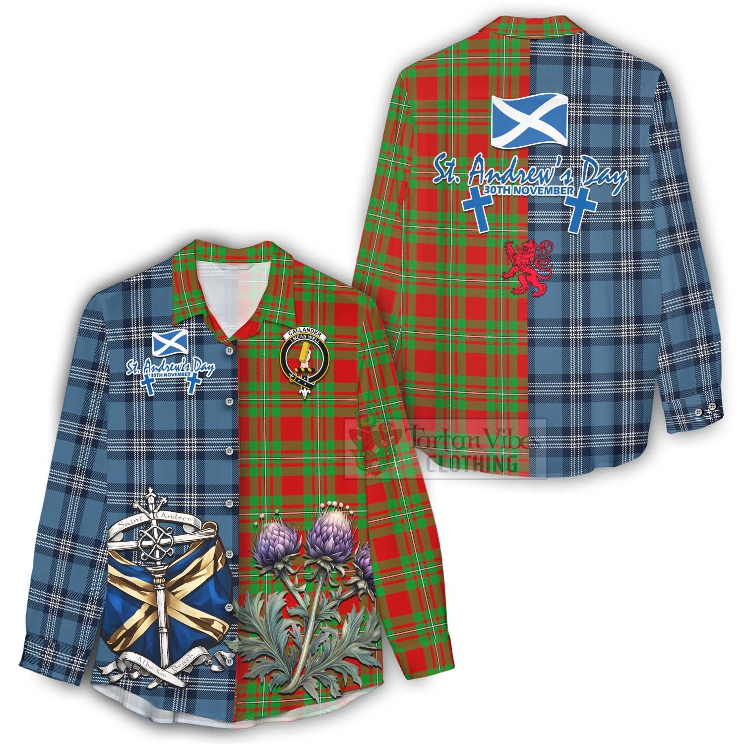 Tartan Vibes Clothing Callander Tartan Women's Casual Shirt Happy St. Andrew's Day Half Tartan Style