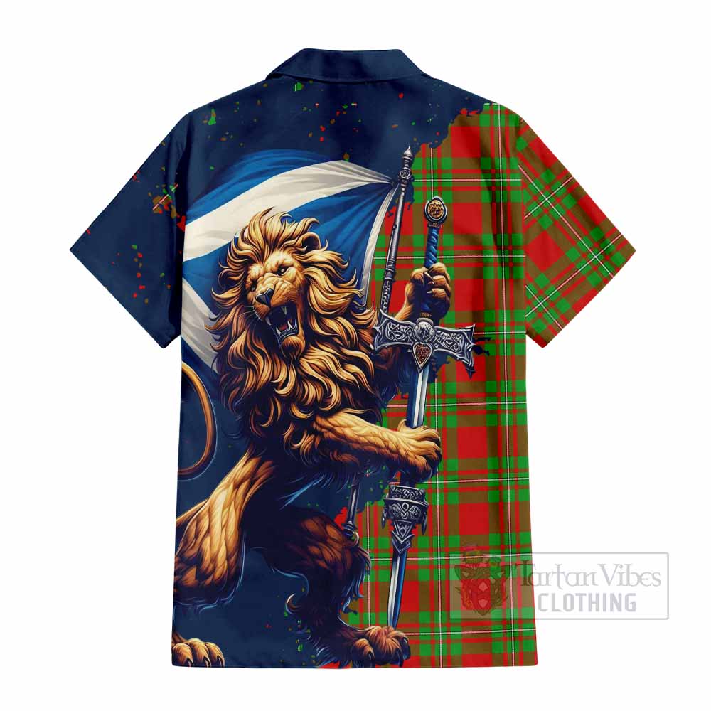 Tartan Vibes Clothing Callander Tartan Family Crest Short Sleeve Button Shirt with Scottish Majestic Lion