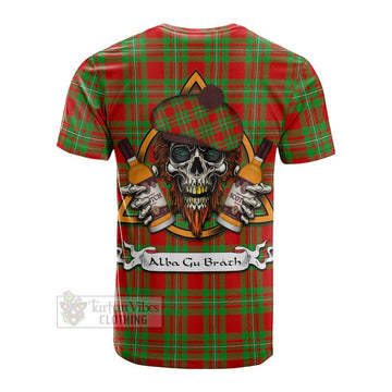 Callander Tartan Cotton T-shirt with Family Crest and Bearded Skull Holding Bottles of Whiskey