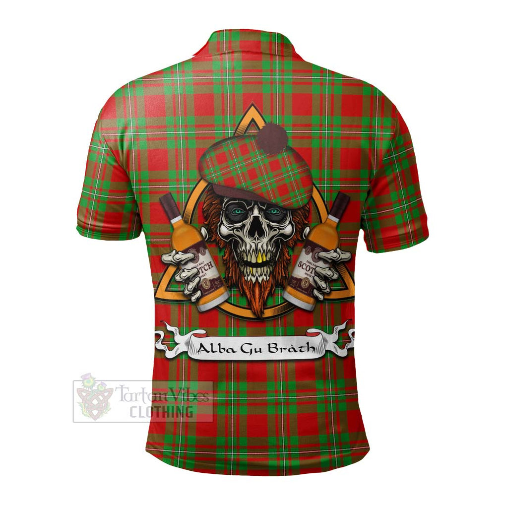 Tartan Vibes Clothing Callander Tartan Polo Shirt with Family Crest and Bearded Skull Holding Bottles of Whiskey