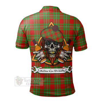 Callander Tartan Polo Shirt with Family Crest and Bearded Skull Holding Bottles of Whiskey