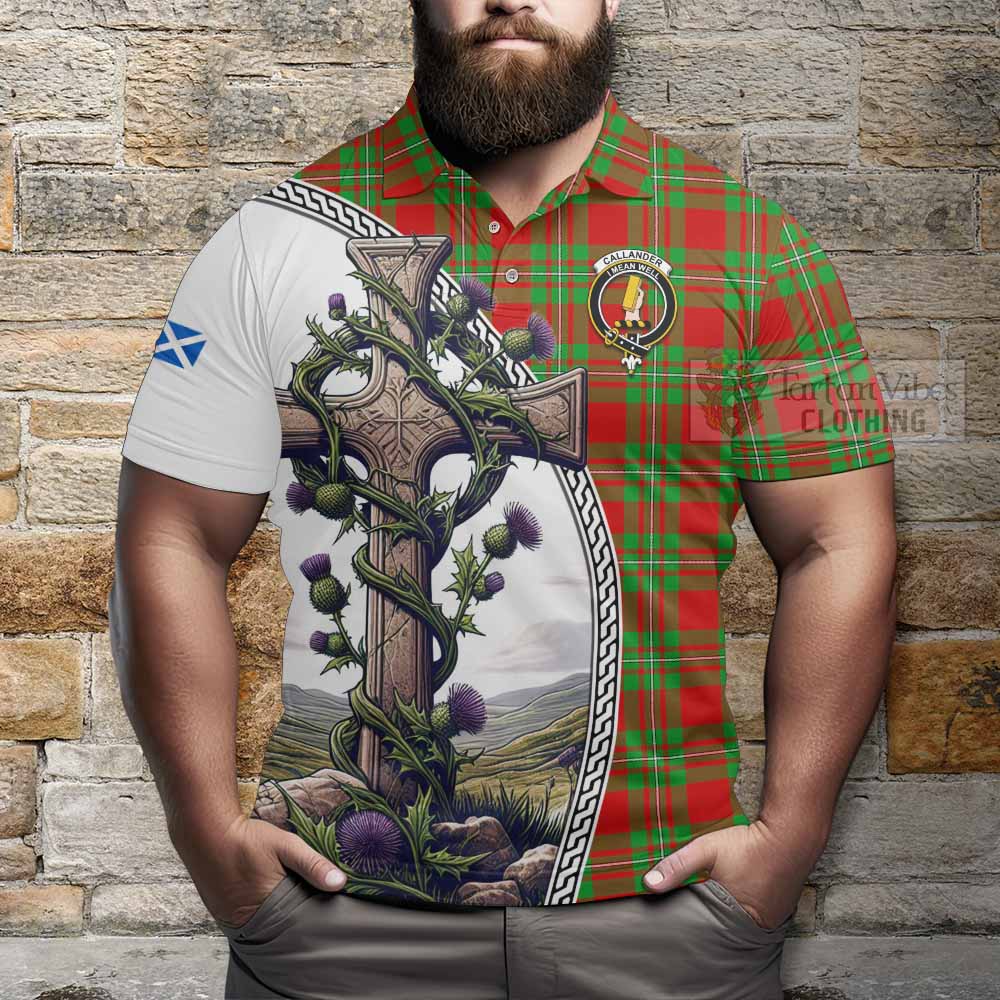 Tartan Vibes Clothing Callander Tartan Polo Shirt with Family Crest and St. Andrew's Cross Accented by Thistle Vines