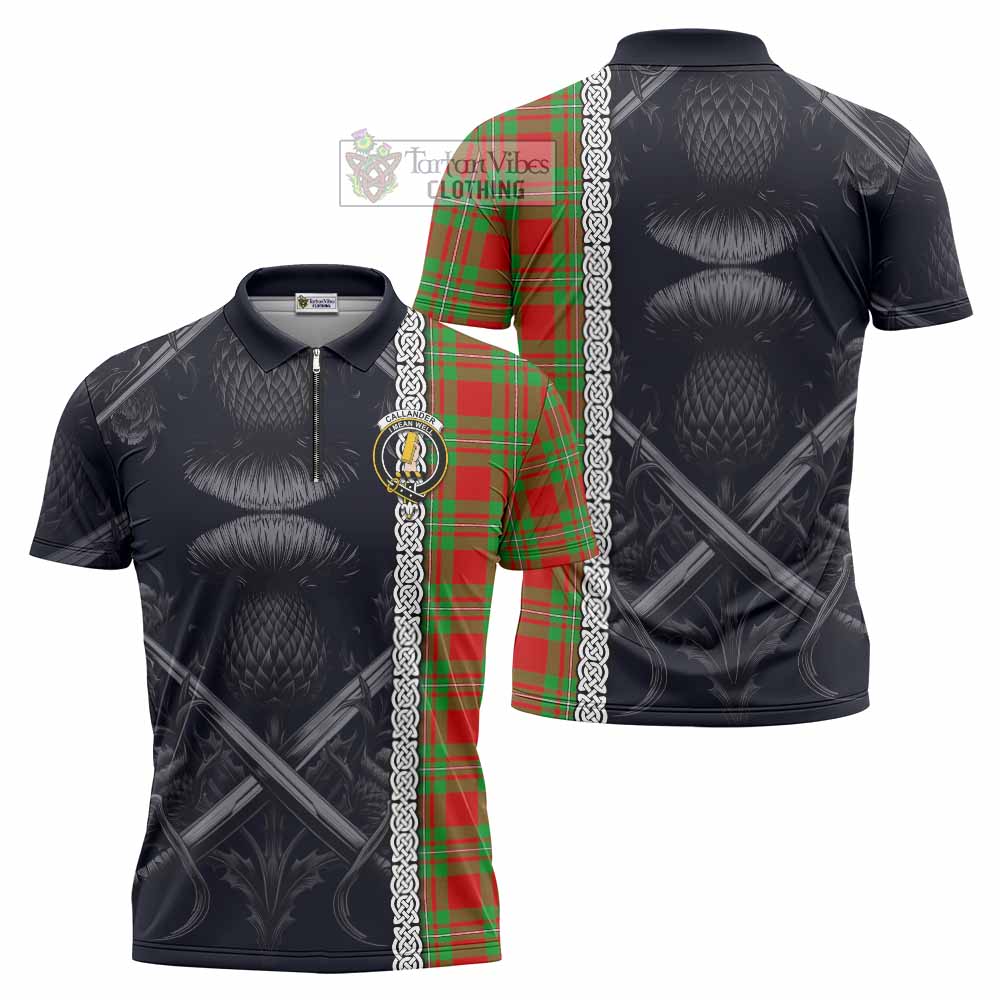 Tartan Vibes Clothing Callander Tartan Zipper Polo Shirt with Family Crest Cross Sword Thistle Celtic Vibes