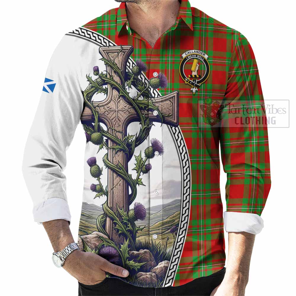 Tartan Vibes Clothing Callander Tartan Long Sleeve Button Shirt with Family Crest and St. Andrew's Cross Accented by Thistle Vines