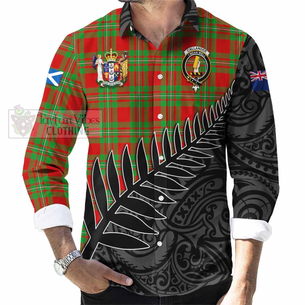 Tartan Vibes Clothing Callander Crest Tartan Long Sleeve Button Shirt with New Zealand Silver Fern Half Style