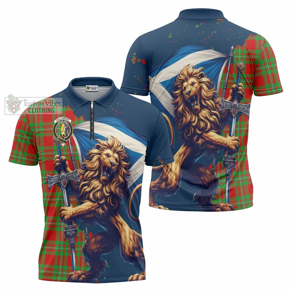 Tartan Vibes Clothing Callander Tartan Family Crest Zipper Polo Shirt with Scottish Majestic Lion