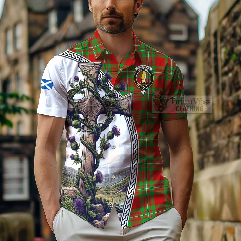 Tartan Vibes Clothing Callander Tartan Short Sleeve Button Shirt with Family Crest and St. Andrew's Cross Accented by Thistle Vines