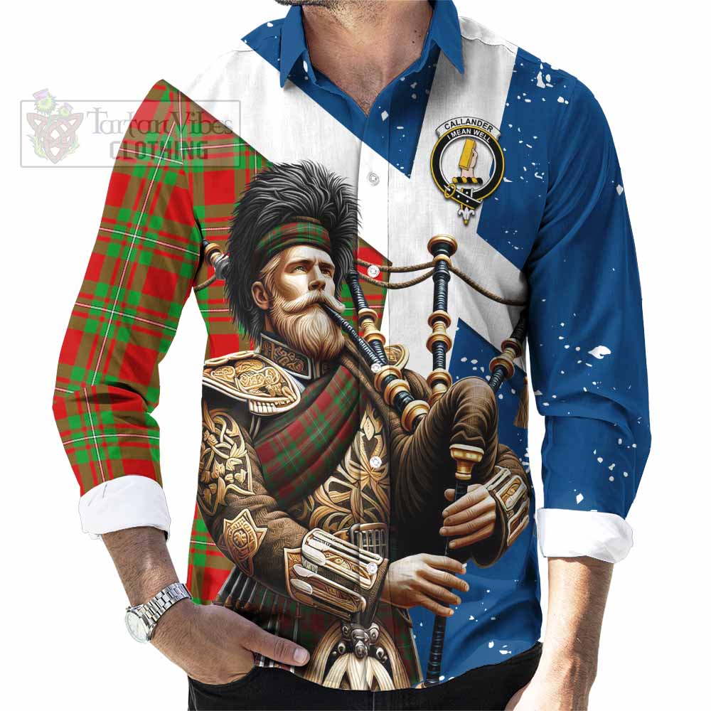 Tartan Vibes Clothing Callander Tartan Long Sleeve Button Shirt with Family Crest Scottish Bagpiper Vibes