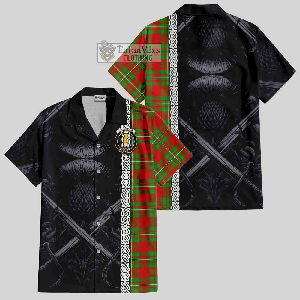 Tartan Vibes Clothing Callander Tartan Short Sleeve Button Shirt with Family Crest Cross Sword Thistle Celtic Vibes