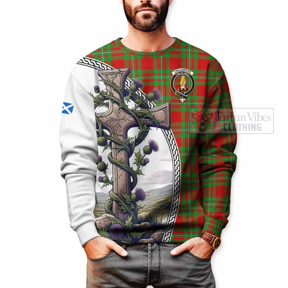 Tartan Vibes Clothing Callander Tartan Sweatshirt with Family Crest and St. Andrew's Cross Accented by Thistle Vines