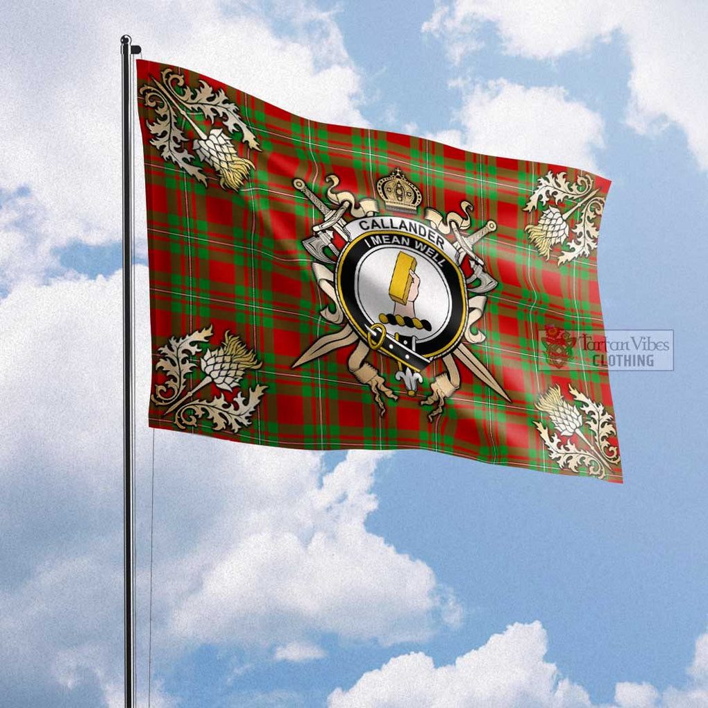 Tartan Vibes Clothing Callander Tartan Flag with Family Crest and Golden Thistle Crossed Sword Design