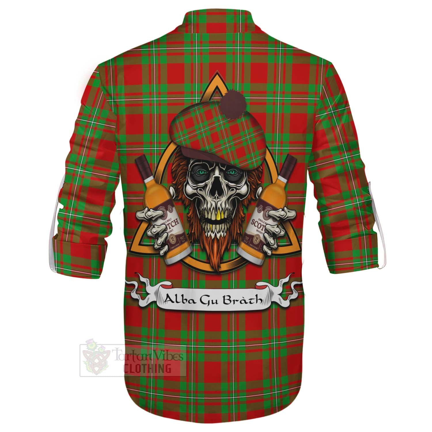 Tartan Vibes Clothing Callander Tartan Ghillie Kilt Shirt with Family Crest and Bearded Skull Holding Bottles of Whiskey