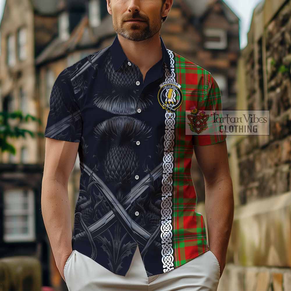 Tartan Vibes Clothing Callander Tartan Short Sleeve Button Shirt with Family Crest Cross Sword Thistle Celtic Vibes