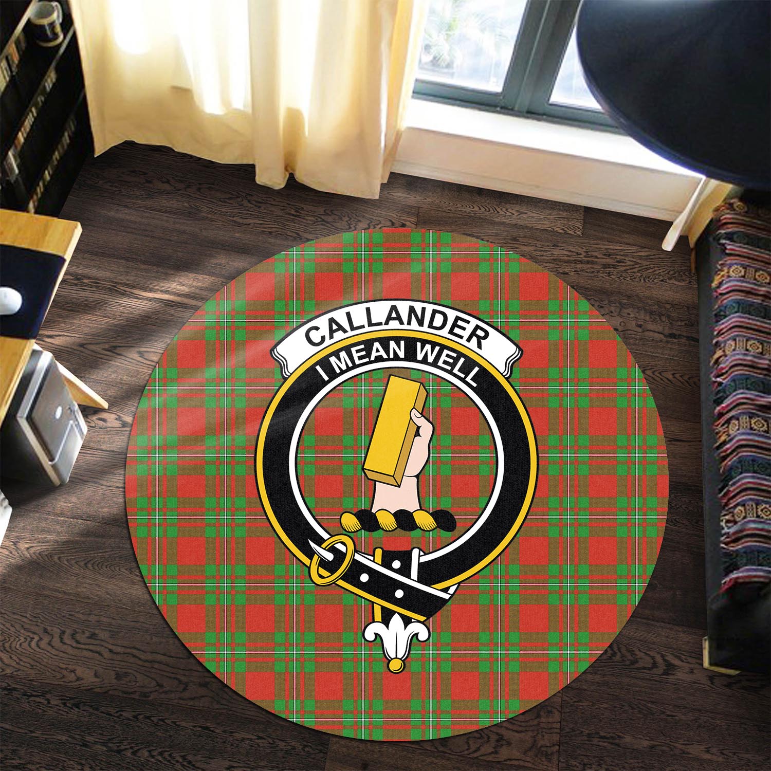 Callander Modern Tartan Round Rug with Family Crest - Tartanvibesclothing