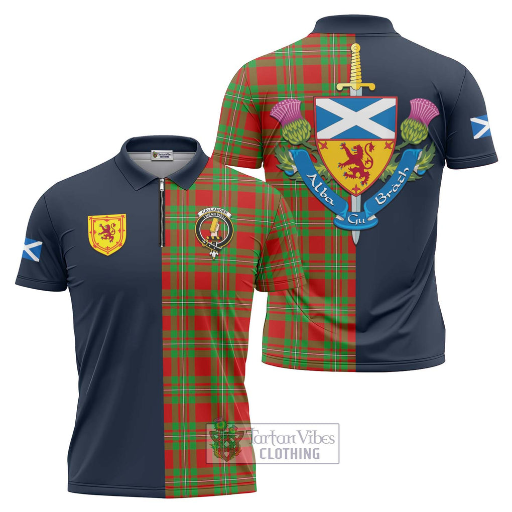 Tartan Vibes Clothing Callander Modern Tartan Zipper Polo Shirt with Scottish Lion Royal Arm Half Style