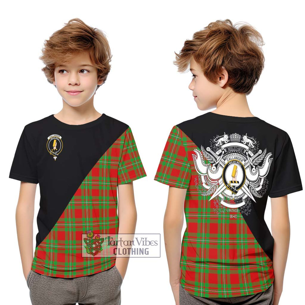 Callander Tartan Kid T-Shirt with Family Crest and Military Logo Style Youth XL Size14 - Tartanvibesclothing Shop