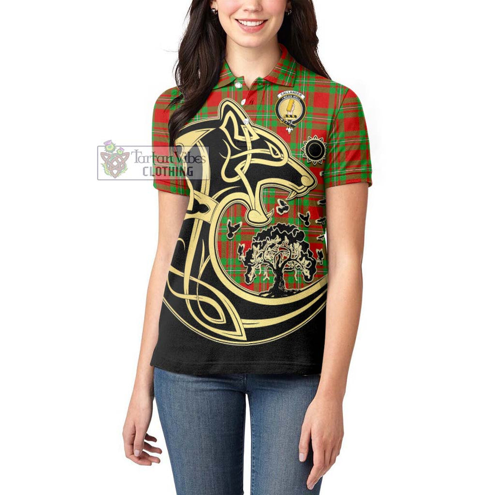 Callander Tartan Women's Polo Shirt with Family Crest Celtic Wolf Style - Tartanvibesclothing Shop