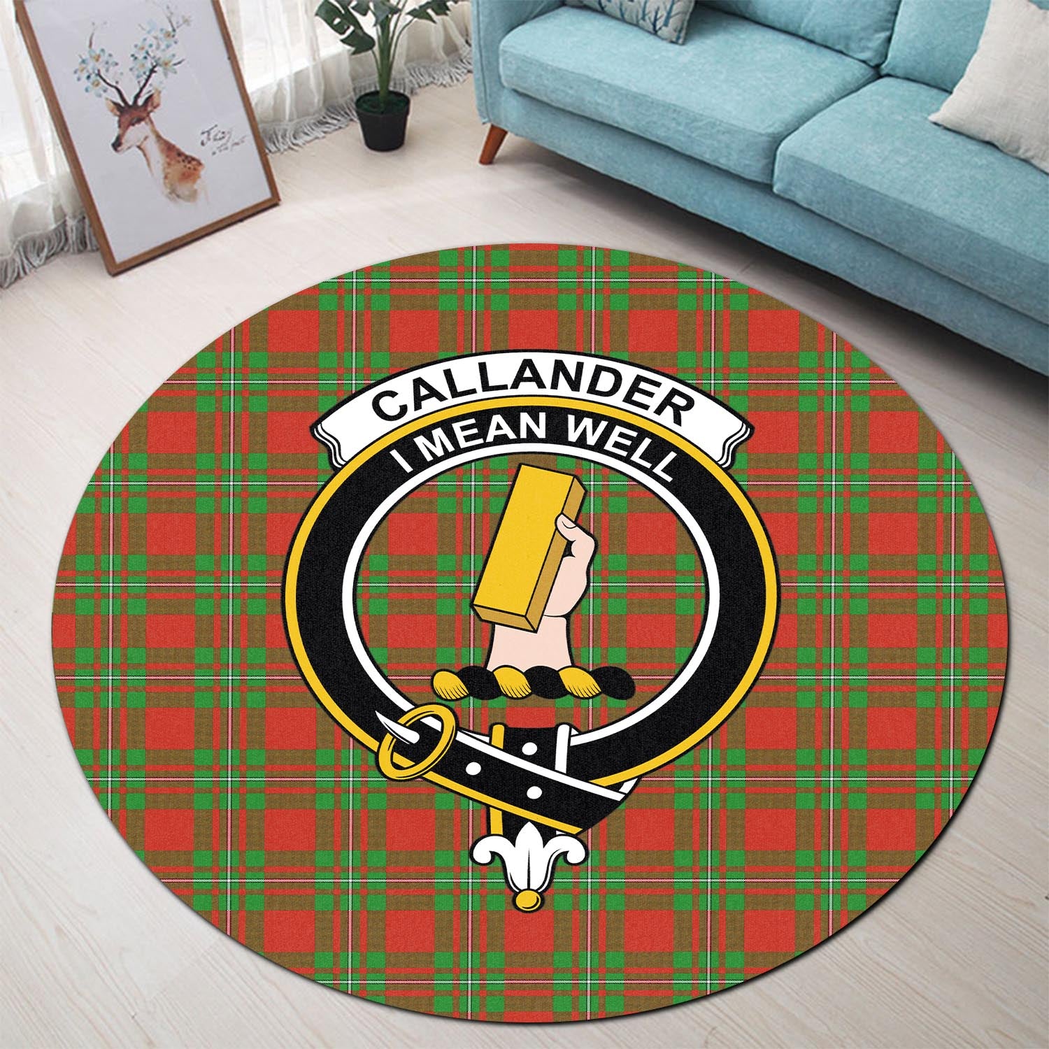 Callander Modern Tartan Round Rug with Family Crest - Tartanvibesclothing