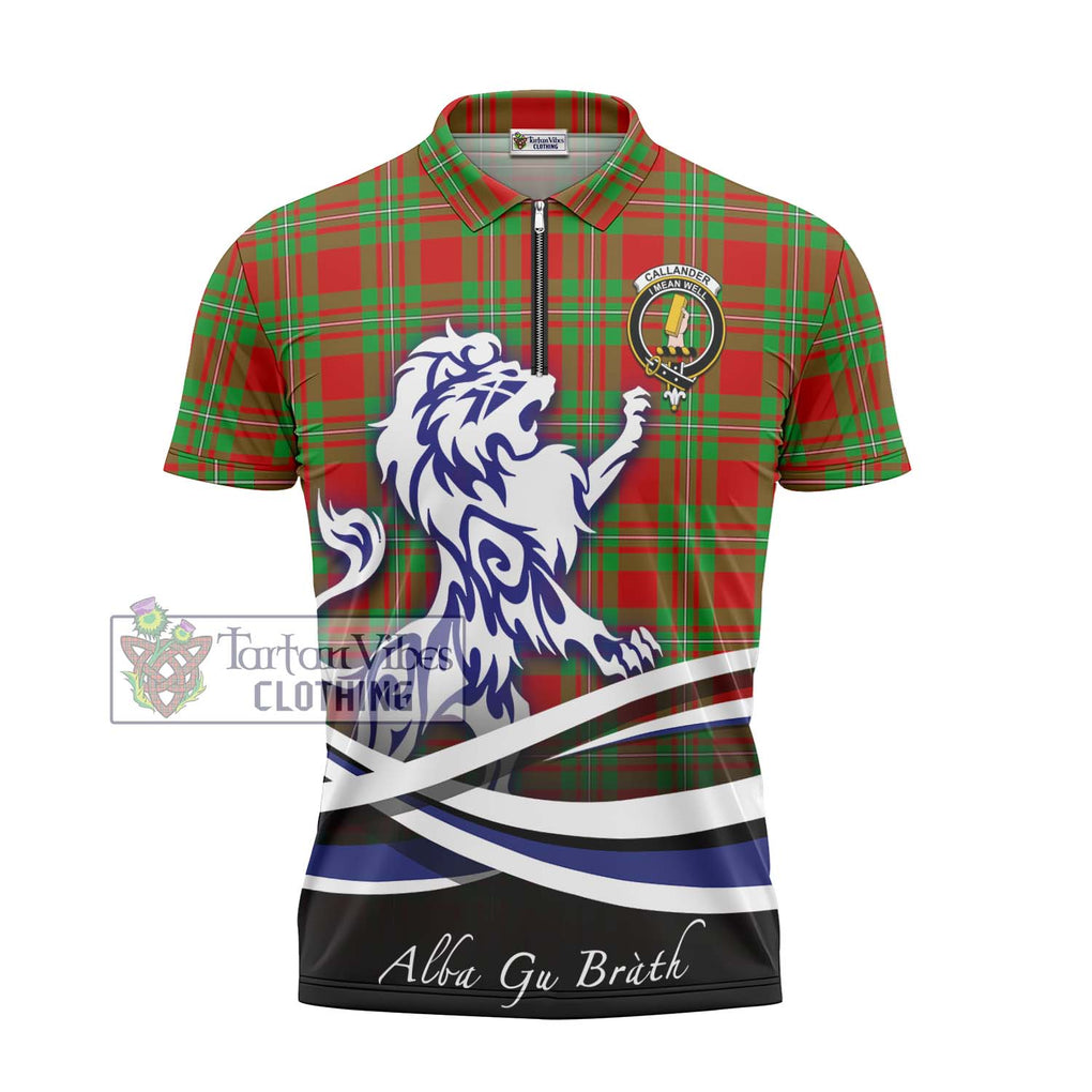 Callander Tartan Zipper Polo Shirt with Alba Gu Brath Regal Lion Emblem - Tartanvibesclothing Shop