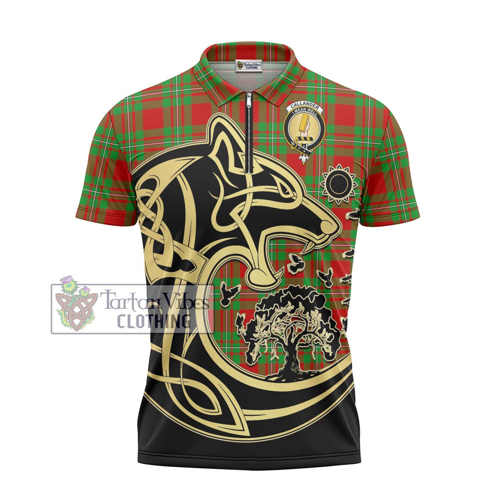 Callander Tartan Zipper Polo Shirt with Family Crest Celtic Wolf Style - Tartanvibesclothing Shop