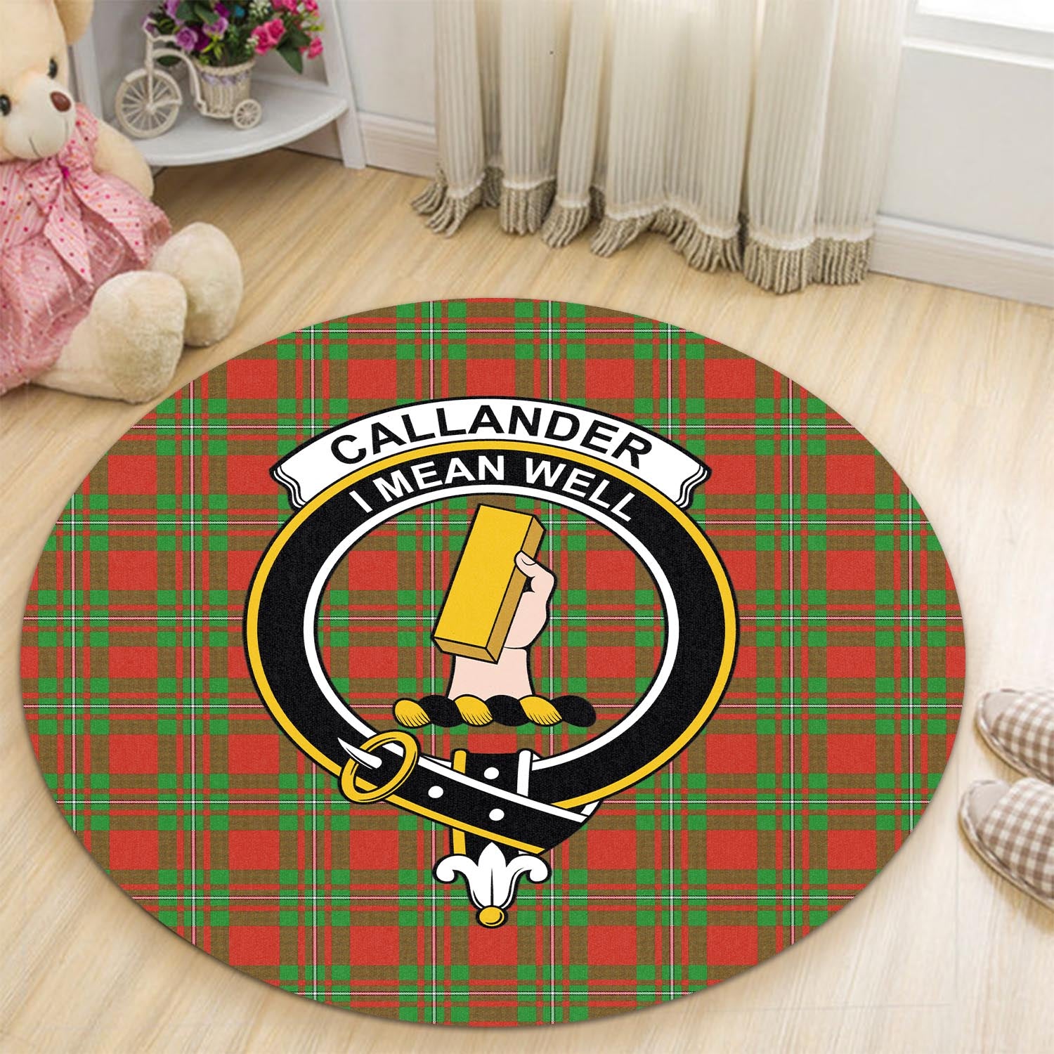 Callander Modern Tartan Round Rug with Family Crest - Tartanvibesclothing