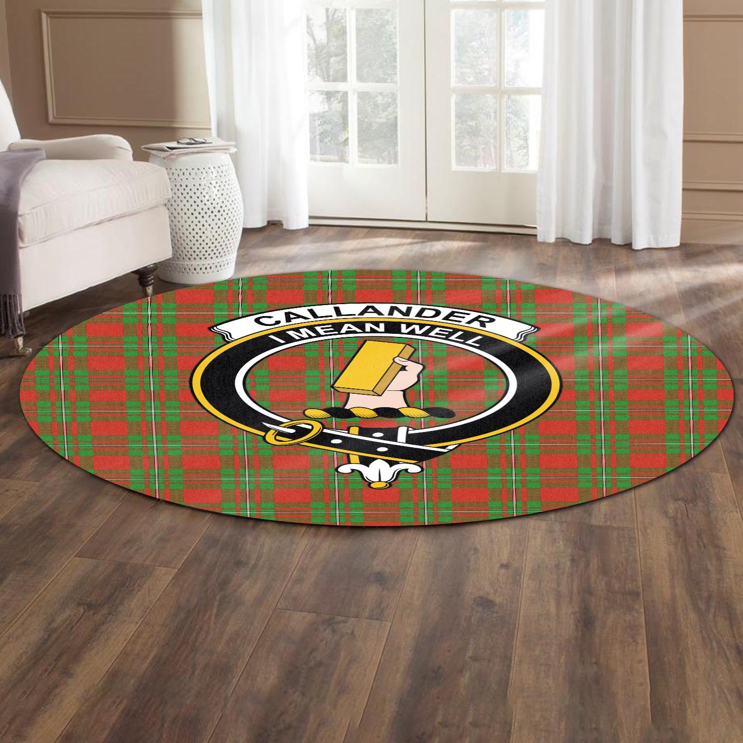 Callander Modern Tartan Round Rug with Family Crest - Tartanvibesclothing