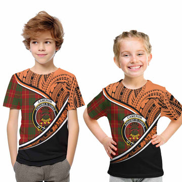 Cameron Crest Tartan Kid T-Shirt with Polynesian Vibes Style - Orange Version