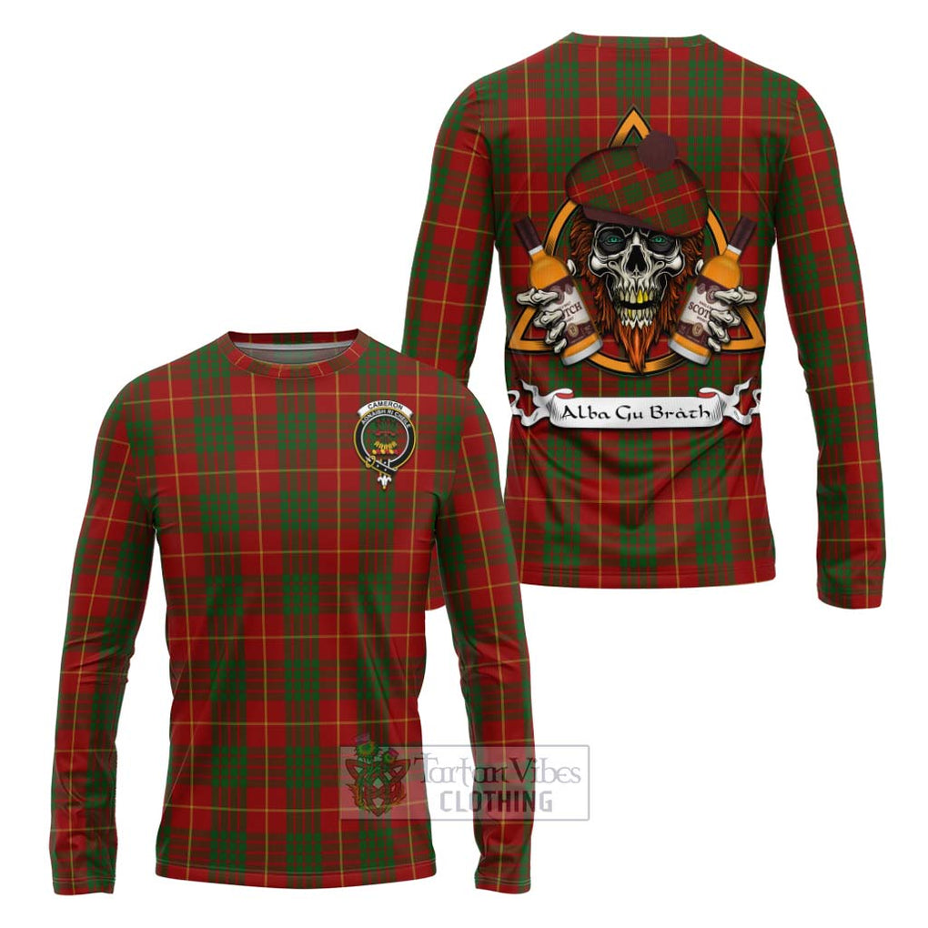 Tartan Vibes Clothing Cameron Tartan Long Sleeve T-Shirt with Family Crest and Bearded Skull Holding Bottles of Whiskey