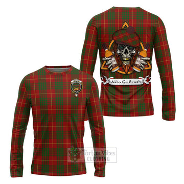 Cameron Tartan Long Sleeve T-Shirt with Family Crest and Bearded Skull Holding Bottles of Whiskey