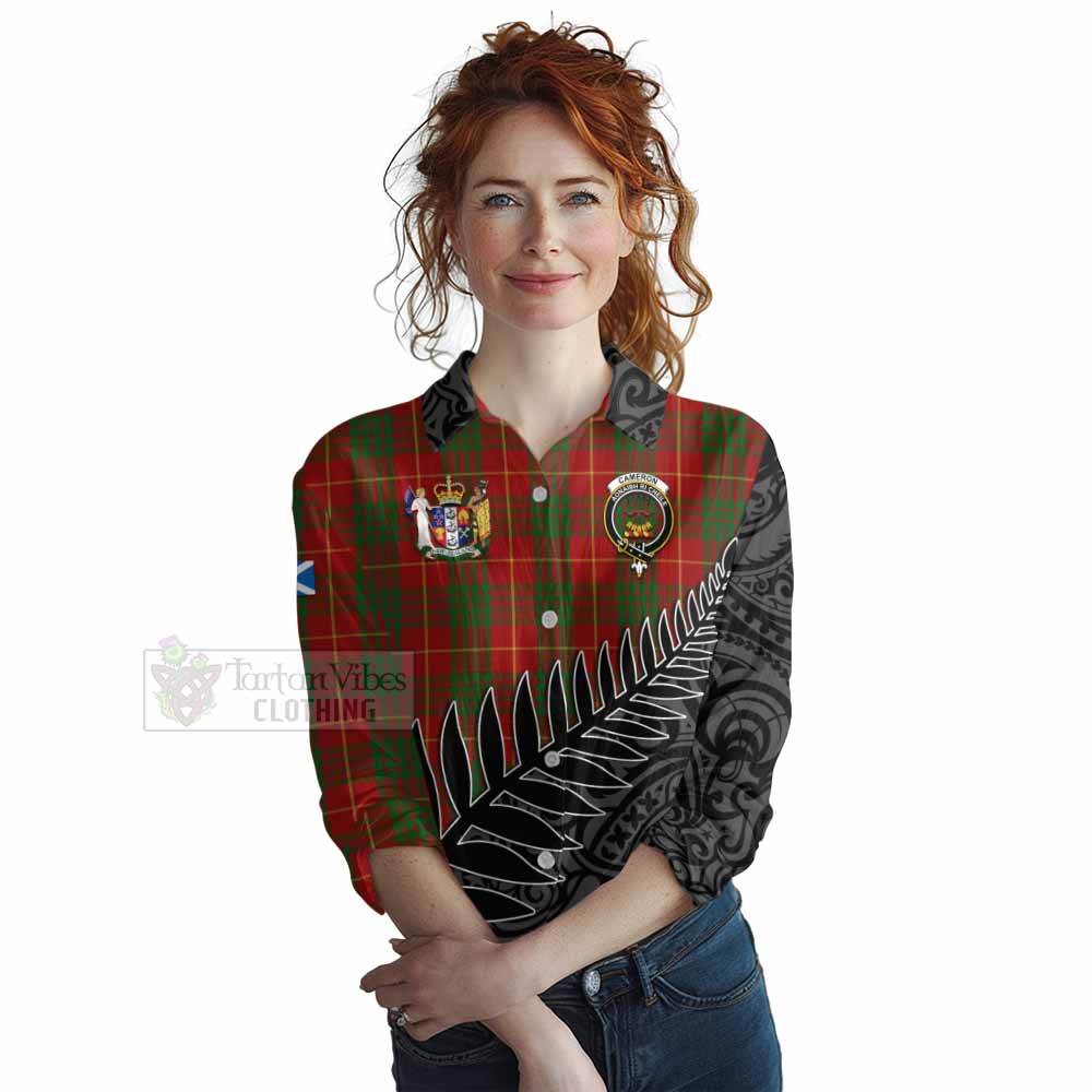 Tartan Vibes Clothing Cameron Crest Tartan Women's Casual Shirt with New Zealand Silver Fern Half Style