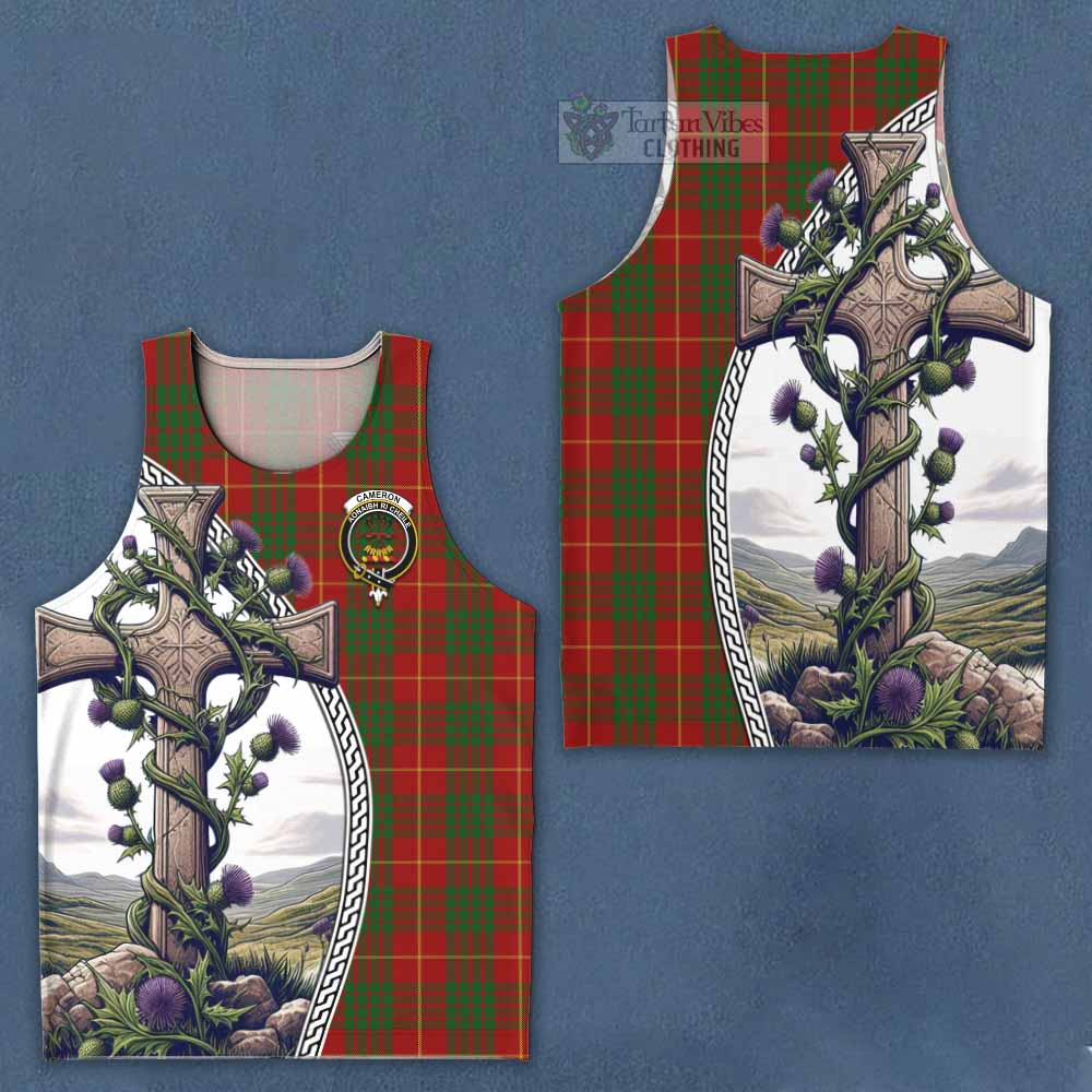 Tartan Vibes Clothing Cameron Tartan Men's Tank Top with Family Crest and St. Andrew's Cross Accented by Thistle Vines