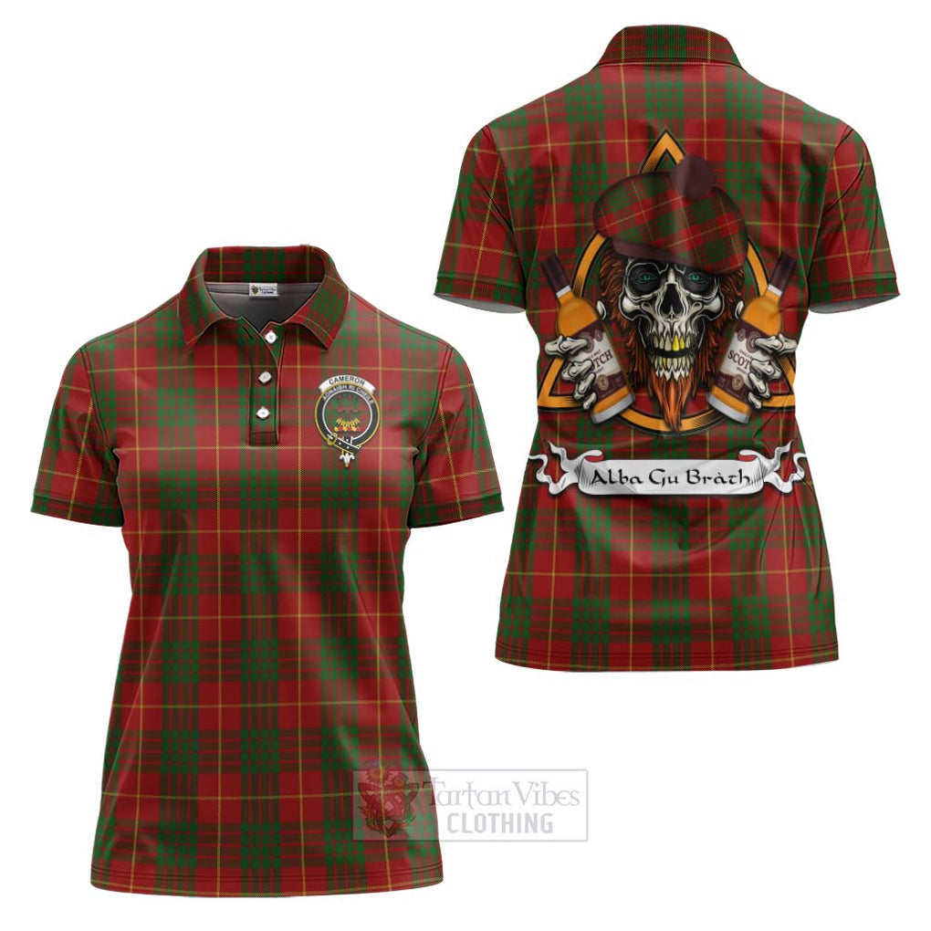 Tartan Vibes Clothing Cameron Tartan Women's Polo Shirt with Family Crest and Bearded Skull Holding Bottles of Whiskey