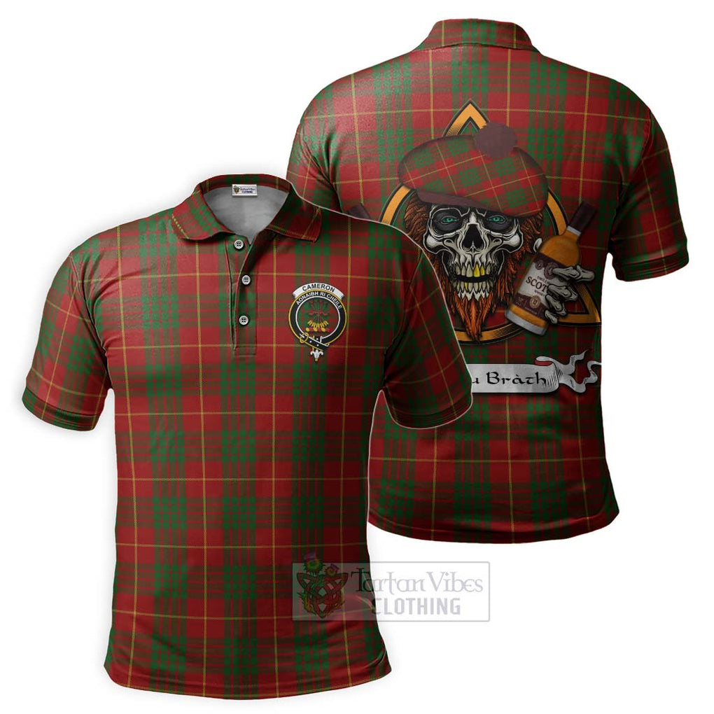 Tartan Vibes Clothing Cameron Tartan Polo Shirt with Family Crest and Bearded Skull Holding Bottles of Whiskey