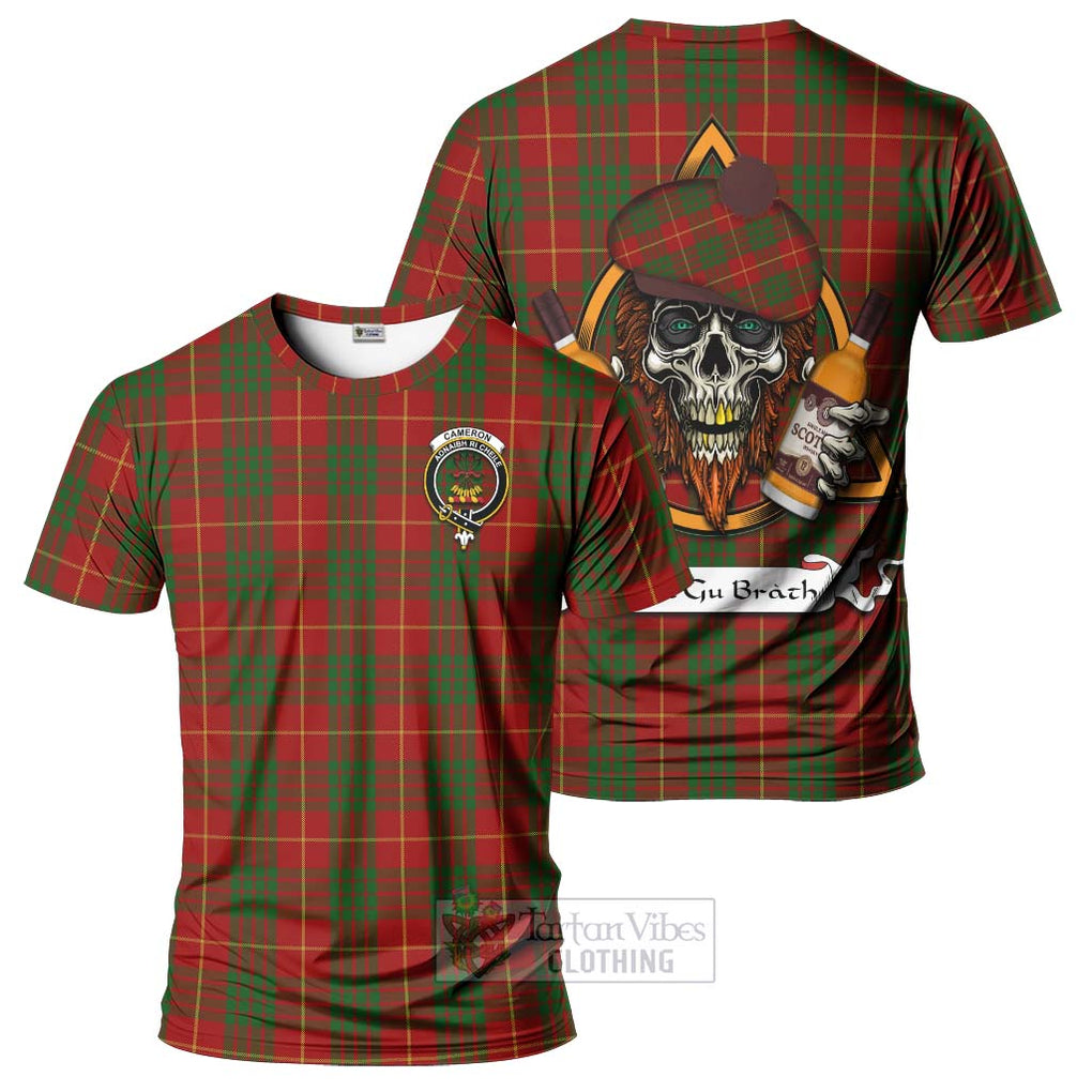 Tartan Vibes Clothing Cameron Tartan T-Shirt with Family Crest and Bearded Skull Holding Bottles of Whiskey