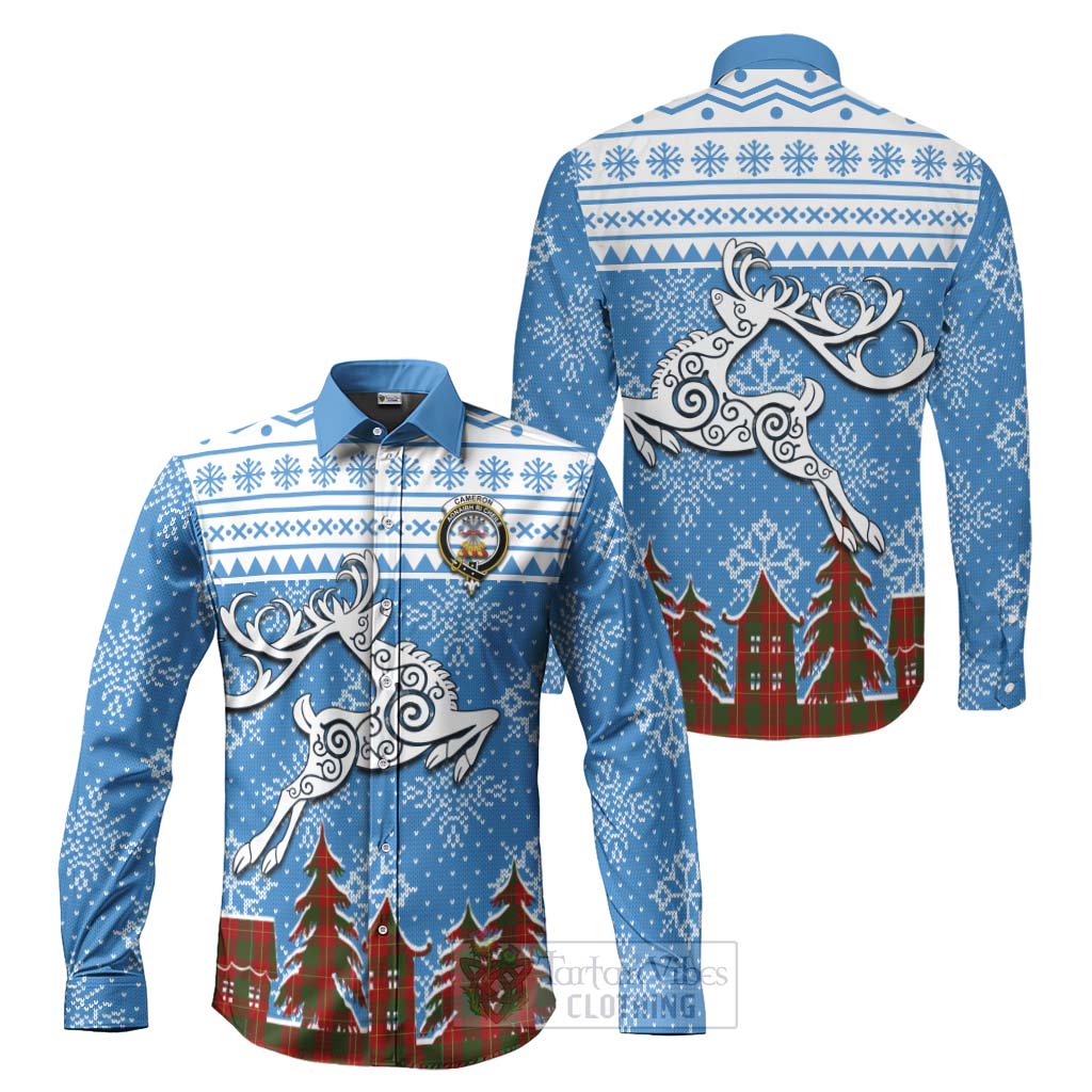 Tartan Vibes Clothing Cameron Clan Christmas Long Sleeve Button Shirt Celtic Reindeer Style