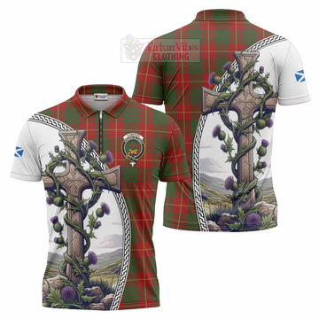 Cameron Tartan Zipper Polo Shirt with Family Crest and St. Andrew's Cross Accented by Thistle Vines