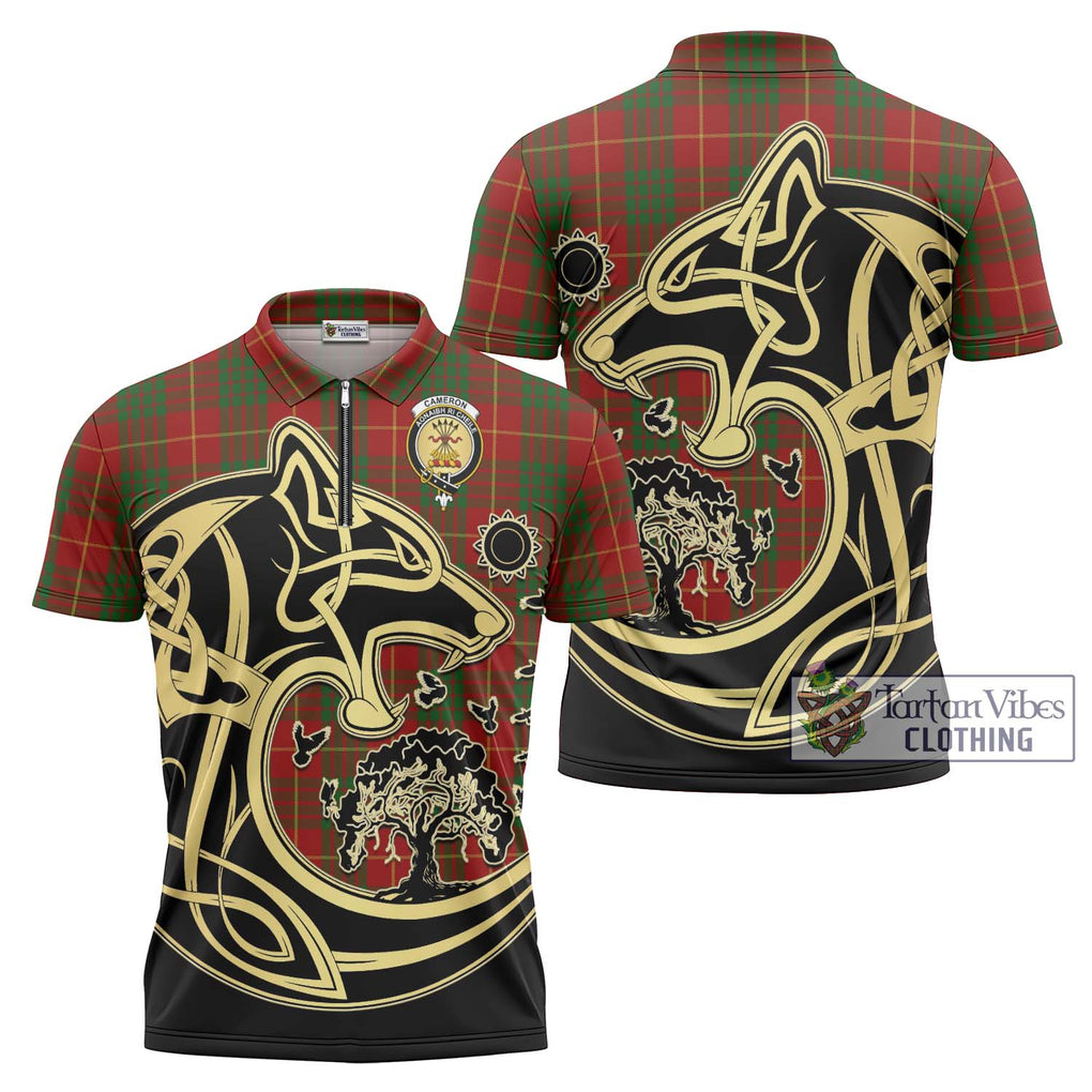 Cameron Tartan Zipper Polo Shirt with Family Crest Celtic Wolf Style Unisex - Tartanvibesclothing Shop