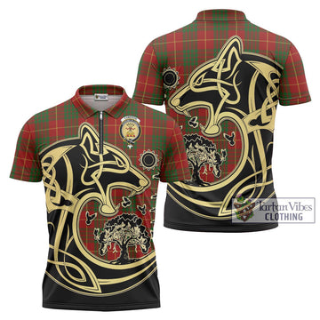 Cameron Tartan Zipper Polo Shirt with Family Crest Celtic Wolf Style