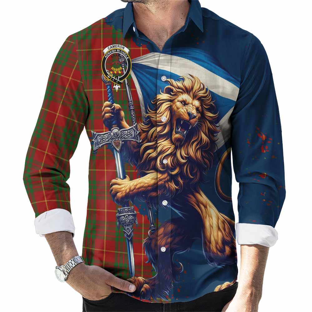 Tartan Vibes Clothing Cameron Tartan Family Crest Long Sleeve Button Shirt with Scottish Majestic Lion