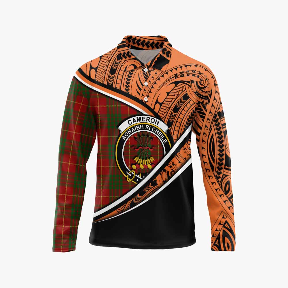 Tartan Vibes Clothing Cameron Crest Tartan Long Sleeve Polo Shirt with Maori Tattoo Style - Orange Version