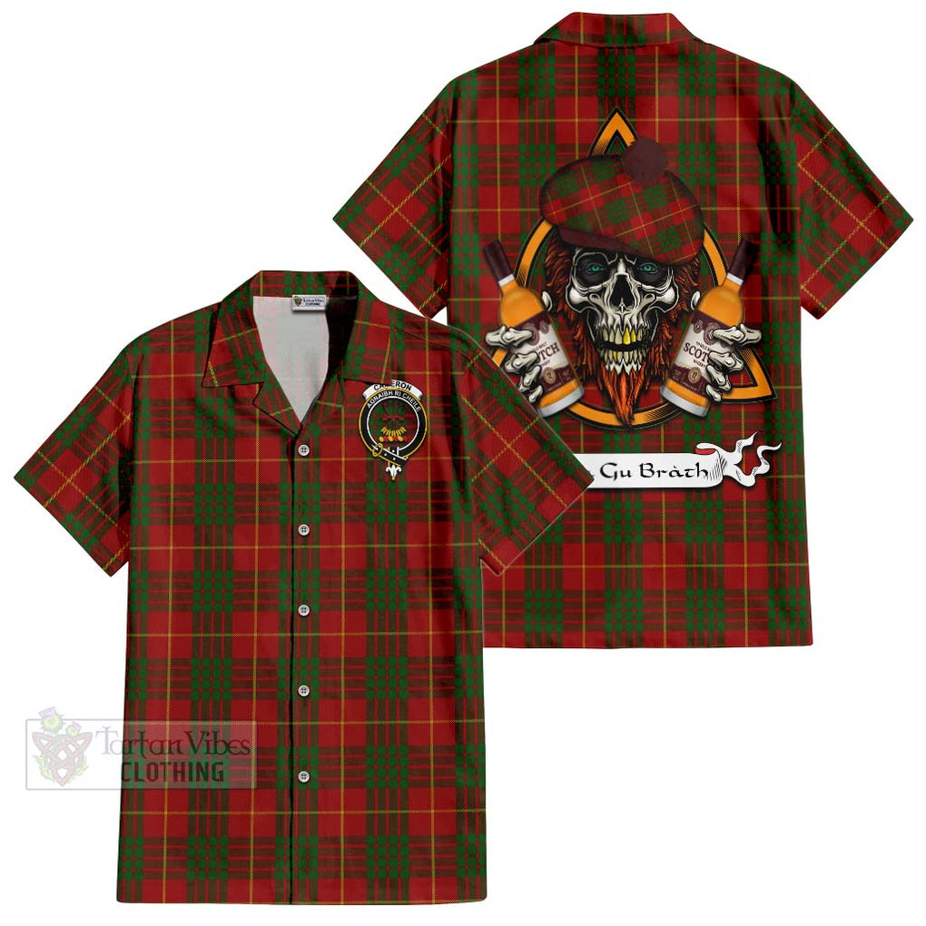 Tartan Vibes Clothing Cameron Tartan Short Sleeve Button Shirt with Family Crest and Bearded Skull Holding Bottles of Whiskey