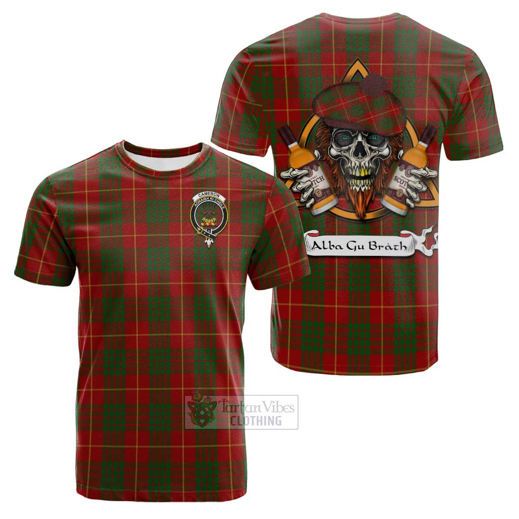 Tartan Vibes Clothing Cameron Tartan Cotton T-shirt with Family Crest and Bearded Skull Holding Bottles of Whiskey