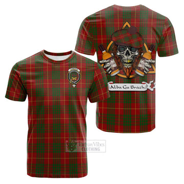 Cameron Tartan Cotton T-shirt with Family Crest and Bearded Skull Holding Bottles of Whiskey