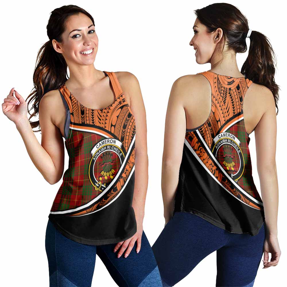 Tartan Vibes Clothing Cameron Crest Tartan Women's Racerback Tanks with Maori Tattoo Style - Orange Version