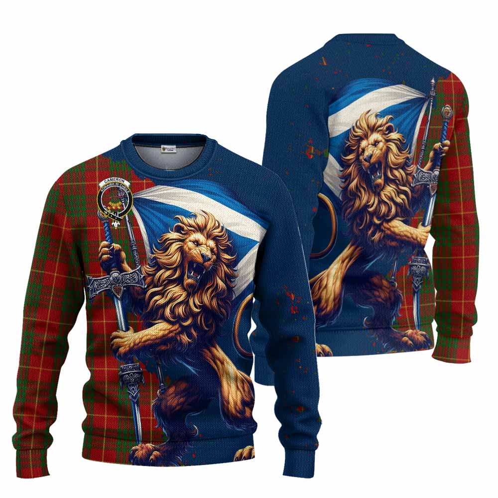 Tartan Vibes Clothing Cameron Tartan Family Crest Knitted Sweater with Scottish Majestic Lion