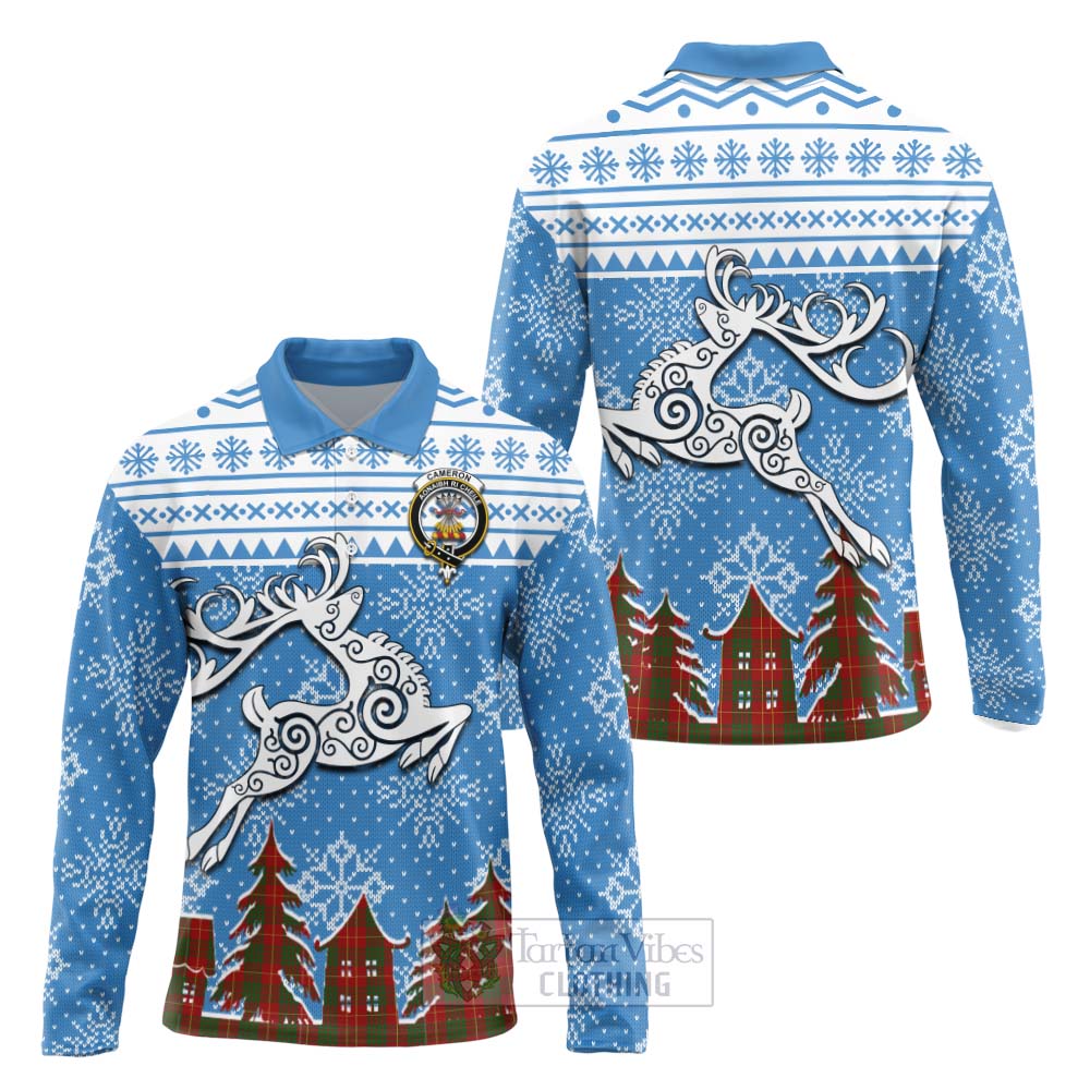 Tartan Vibes Clothing Cameron Clan Christmas Long Sleeve Polo Shirt Celtic Reindeer Style