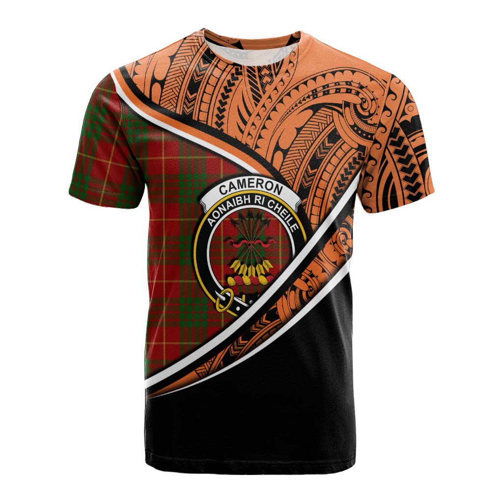 Tartan Vibes Clothing Cameron Crest Tartan Cotton T-shirt with Maori Tattoo Style - Orange Version