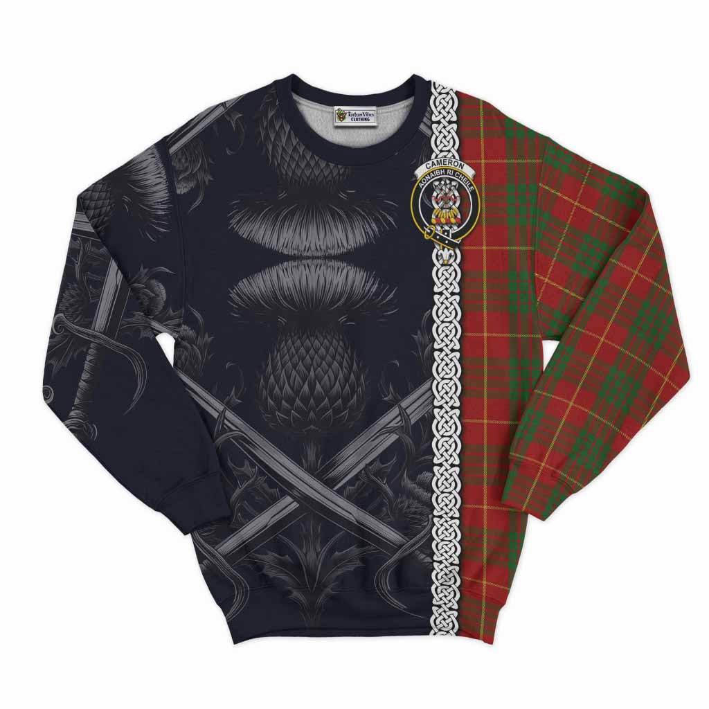 Tartan Vibes Clothing Cameron Tartan Sweatshirt with Family Crest Cross Sword Thistle Celtic Vibes