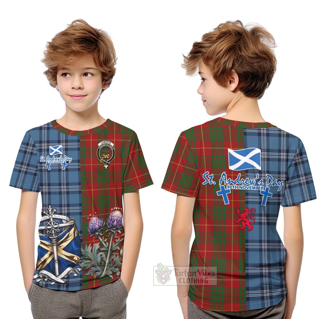 Tartan Vibes Clothing Cameron Tartan Kid T-Shirt Happy St. Andrew's Day Half Tartan Style